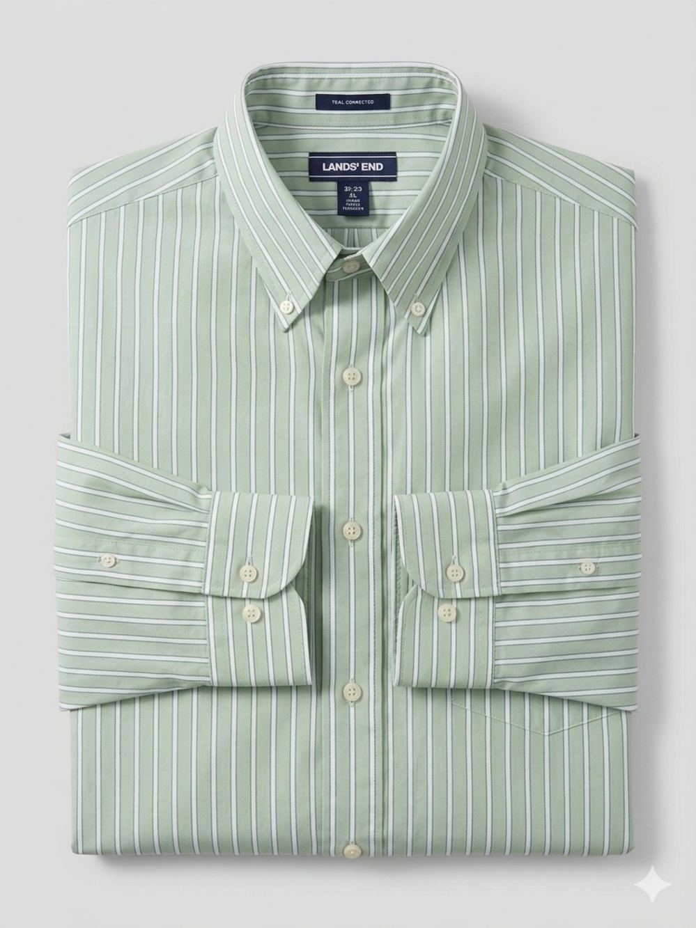 Lands' End Light Sage and White Striped Button-Down Dress Shirt